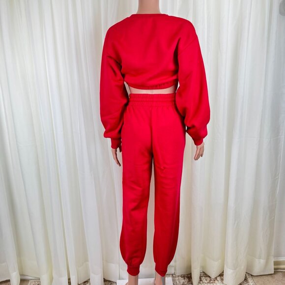 Zenana 2 Pcs Crop Sweatshirt Tracksuit High Waist Jogger Set Active Lounge Red - Picture 6 of 10